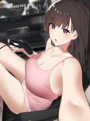 Rule 34 | 1girl, bare legs, breasts, brown hair, chair, cleavage, commentary request, controller, highres, holding, holding controller, holding phone, indoors, large breasts, legs together, lips, long hair, midriff peek, mole, mole on breast, navel, open mouth, original, panties, parted lips, phone, pink tank top, purple eyes, selfie, sino42, sitting, solo, tank top, television, underwear, underwear only, video game, white panties