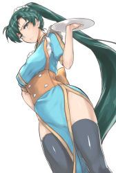 Rule 34 | 1girl, adapted costume, blush, costume, fire emblem, fire emblem: the blazing blade, frills, green eyes, green hair, hairband, high ponytail, long hair, looking down, lyn (fire emblem), maid, maid headdress, matching hair/eyes, nintendo, ponytail, sajittari, side slit, simple background, solo, thighhighs, tray, very long hair, waitress, white background