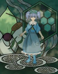 Rule 34 | 1girl, adapted costume, backpack, bag, blue hair, boots, cattail, clenched hand, grey eyes, hakama, hakama short skirt, hakama skirt, hat, highres, hime cut, japanese clothes, kawashiro nitori, key, looking at viewer, multicolored background, nuemamoru eion, plant, pointing, pointing down, rubber boots, seigaiha, short hair, skirt, smile, solo, touhou, twintails, two side up