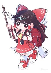Rule 34 | 1girl, adapted costume, arm up, backpack, bag, bow, brown eyes, brown hair, commentary, dotaku (wran8845), dress, expressionless, frilled hair tubes, frills, full body, gohei, hair bow, hair tubes, hakurei reimu, highres, holding, holding stick, jitome, charm (object), long hair, looking at viewer, randoseru, red dress, shoes, sneakers, solo, standing, standing on one leg, stick, touhou, very long hair, yin yang, yin yang print