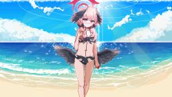 Rule 34 | 1girl, beach, bikini, black bikini, black bow, black wings, blue archive, blue sky, blush, bow, cloud, commentary, feathered wings, feet out of frame, flat chest, floral print, front-tie bikini top, front-tie top, hair bow, hair over shoulder, halo, head wings, koharu (blue archive), koharu (swimsuit) (blue archive), long hair, looking at viewer, low twintails, low wings, navel, ocean, official alternate costume, pink eyes, pink hair, pink halo, pixel art, print bikini, sand, sky, solo, standing, swimsuit, tinia etru, twintails, wings