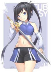 Rule 34 | 1girl, bad id, bad pixiv id, black hair, blue eyes, blush, breasts, highres, holding, holding sword, holding weapon, large breasts, long hair, looking at viewer, mystic-san, navel, original, pointy ears, smile, solo, sword, twintails, weapon