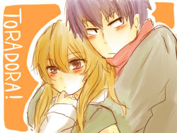 Rule 34 | 16cha, 1boy, 1girl, aisaka taiga, blonde hair, blue hair, brown eyes, closed mouth, commentary request, copyright name, finger to own chin, hair between eyes, hug, hug from behind, long hair, milla maxwell, orange background, red scarf, scarf, takasu ryuuji, toradora!, two-tone background, upper body