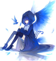 Rule 34 | bad id, bad pixiv id, bird, blue hair, bow, chair, dhiea, dhiea seville (pause), hood, horns, original, pause (dhiea), ribbon, sitting, solo, thighhighs, wings, yellow eyes