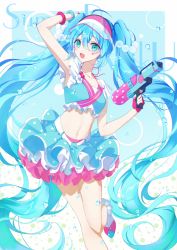 Rule 34 | 1girl, 39, absurdly long hair, absurdres, ahoge, aqua eyes, arm up, blue hair, bracelet, bubble, character name, fingerless gloves, gloves, hair between eyes, hatsune miku, highres, jewelry, long hair, midriff, navel, open mouth, osage (8545675), skirt, solo, standing, standing on one leg, twintails, very long hair, visor cap, vocaloid, water gun