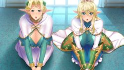 Rule 34 | 2girls, almia agraliel, blonde hair, blush, bowing, breasts, cape, cleavage, covered erect nipples, crown, dogeza, dress, elf, ephildis agraliel, floor, from above, game cg, green eyes, hair between eyes, huge breasts, huracan, indoors, kyonyuu elf oyako saimin, legs, long hair, looking at viewer, lune (company), mature female, mother and daughter, multiple girls, open mouth, original, pointy ears, sitting, thighs