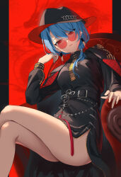 Rule 34 | 1girl, absurdres, armchair, bare legs, belt, black belt, black coat, black hat, black shirt, black skirt, breasts, chair, chinese clothes, coat, coat on shoulders, crossed legs, dragon, earrings, genjitsu pirika, hat, highres, hololive, hoshimachi suisei, hoshimachi suisei (oriental suit), jewelry, low side ponytail, medium breasts, official alternate costume, parted lips, red-tinted eyewear, red background, red eyes, shirt, sitting, skirt, solo, sunglasses, tassel, thighs, tinted eyewear, virtual youtuber