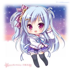 Rule 34 | 1girl, :d, black footwear, black thighhighs, blue hair, blue skirt, blush, bow, character name, chibi, commentary request, frilled skirt, frills, full body, hair bow, hand up, happy birthday, jacket, long hair, long sleeves, looking at viewer, one side up, open mouth, plaid, plaid bow, pleated skirt, purple bow, red eyes, ryuuka sane, sekai to sekai no mannaka de, shirt, skirt, smile, solo, standing, star (symbol), striped, striped bow, thighhighs, tsukidate minori, twitter username, very long hair, white jacket, white shirt