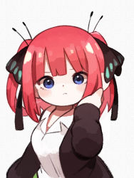 Rule 34 | &gt;:(, 1girl, black cardigan, black ribbon, blue eyes, blunt bangs, blush, breasts, butterfly hair ornament, cardigan, chibi, eyebrows hidden by hair, frown, go-toubun no hanayome, green skirt, hair ornament, hand up, highres, large breasts, looking at viewer, nakano nino, open cardigan, open clothes, pink hair, ribbon, school uniform, shirt, simple background, skirt, twintails, v-shaped eyebrows, white background, white shirt, yukino super