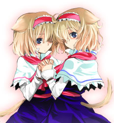 Rule 34 | 2girls, alice margatroid, animal ears, bad id, bad pixiv id, capelet, cat ears, cat girl, cat tail, colorized, dual persona, female focus, gradient background, multiple girls, myama, standing, tail, time paradox, toraneko, touhou, white background