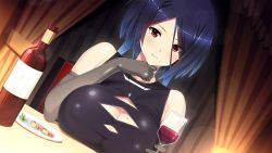 Rule 34 | 1girl, alcohol, bare shoulders, blue hair, blush, bottle, breasts, cleavage, collar, cup, curtains, plate, dress, elbow gloves, food, game cg, gloves, large breasts, looking at viewer, ma-ko hunter, mole, munashi mujou, red eyes, short hair, sitting, smile, table, wine