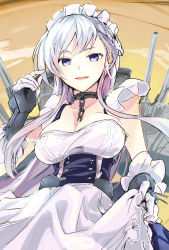 Rule 34 | 1girl, azur lane, belfast (azur lane), blue eyes, blush, braid, breasts, chain, cleavage, collar, collarbone, commentary request, french braid, gloves, highres, large breasts, long hair, looking at viewer, maid, maid headdress, silver hair, smile, solo, tomozero, turret