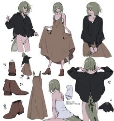 Rule 34 | adjusting hair, back, black shirt, boots, bottomless, brown dress, brown eyes, brown footwear, character sheet, chinese text, closed eyes, clothes lift, collage, cropped legs, double-parted bangs, dragon boy, dragon tail, dress, dress lift, fashion, full body, green hair, hana (adey), highres, holding, holding plant, medium hair, original, penis, plant, shirt, sitting, sketch, standing, strapless, tail, ten (lu2948d), trap, tube top, walking, wariza, white background, white tube top
