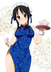 Rule 34 | 1girl, akiyama mio, bare shoulders, black eyes, black hair, blush, breasts, bun cover, china dress, chinese clothes, cup, double bun, dress, fingernails, k-on!, large breasts, looking at viewer, nail polish, official style, quipao, ragho no erika, solo, teacup, teapot, tray, trembling, white background, wrist cuffs