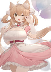 Rule 34 | 1girl, absurdres, azur lane, breasts, cleavage cutout, clothing cutout, cowboy shot, detached sleeves, dress, frilled dress, frills, hair between eyes, highres, large breasts, layered dress, long hair, michishio (azur lane), michishio (fluttering fanfare) (azur lane), official alternate costume, one eye closed, open mouth, oppai loli, orange hair, pink dress, puffy short sleeves, puffy sleeves, shibuya (kurokamishain), short sleeves, simple background, solo, standing, very long hair, white background, yellow eyes