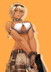 Rule 34 | 1girl, 23 (real xxiii), :o, armband, bandeau, bandeau bikini, belt, blonde hair, blush, breasts, breasts squeezed together, camouflage, cleavage, cleavage cutout, clothing cutout, collar, covered erect nipples, cowboy shot, dark-skinned female, dark skin, digital camouflage, eyewear on head, fingerless gloves, gloves, gun, handgun, highres, holding, holding weapon, holster, large breasts, looking at viewer, m1911, midriff, military, open mouth, orange background, orange eyes, original, pistol, sela (23), semi-automatic firearm, shadow, shiny skin, short hair, simple background, solo, standing, strapless, sunglasses, thigh holster, thigh strap, trigger discipline, tube top, unzipped, v arms, weapon, zipper