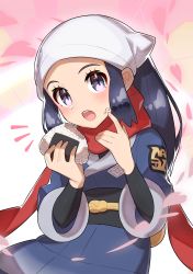 1girl, absurdres, black hair, blush, commentary request, creatures (company), eyelashes, female protagonist (pokemon legends: arceus), food, food on face, game freak, hands up, head scarf, highres, holding, holding food, looking at viewer, nintendo, onigiri, open mouth, pokemon, pokemon (game), pokemon legends: arceus, ponytail, purple eyes, red scarf, rice, rice on face, scarf, sidelocks, solo, taisa (lovemokunae), teeth, tongue, white headwear