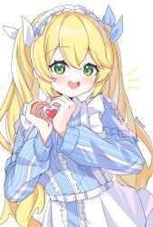Rule 34 | absurdres, belt, blonde hair, blue dress, dokibird (vtuber), dress, frilled dress, frilled hairband, frills, green eyes, hair ribbon, hairband, heart, heart hands, heart in heart hands, highres, long hair, looking at viewer, open mouth, rhansviel1, ribbon, skirt, smile, striped clothes, striped dress, teeth, twintails, upper teeth only, vertical-striped clothes, vertical-striped dress, white background, white belt, white skirt