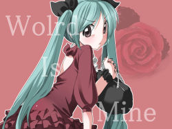 Rule 34 | 1girl, bad id, bad pixiv id, bag, chupimaro, dress, flower, green hair, hatsune miku, looking at viewer, purple eyes, ribbon, solo, twintails, typo, vocaloid, world is mine (vocaloid)
