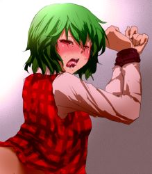 Rule 34 | 1girl, ahegao, bdsm, blush, bondage, bottomless, bound, bound wrists, cuffs, female focus, fucked silly, green hair, kazami yuuka, looking back, plaid, plaid vest, red eyes, short hair, solo, soubi, sweat, tears, tongue, touhou, upper body, vest