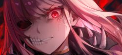 Rule 34 | 1girl, clenched teeth, highres, hololive, hololive english, long hair, looking at viewer, mori calliope, parted lips, pink hair, portrait, rakku (rkrmz0n), red eyes, solo, spikes, teeth, v-shaped eyebrows, virtual youtuber