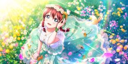 Rule 34 | 1girl, absurdres, aqua eyes, aqua skirt, artist name, artist request, blue eyes, blush, bow, bracelet, braid, breasts, brown hair, bug, butterfly, butterfly on head, clover, clover hair ornament, collarbone, delightful waltz (love live!), dress, emma verde, female focus, field, floating hair, floral print, flower, flower bracelet, flower field, flower print, flower wreath, four-leaf clover, four-leaf clover bracelet, freckles, frilled skirt, frills, grass, hair between eyes, hair bow, hair flower, hair ornament, hair tie, hairclip, head wreath, highres, holding, holding flower, insect, jewelry, layered skirt, long dress, long hair, long skirt, looking at viewer, love live!, love live! nijigasaki high school idol club, love live! school idol festival, love live! school idol festival all stars, miniskirt, on grass, parted lips, pink bow, plaid, plaid dress, plaid skirt, pleated, pleated dress, pleated skirt, rainbow, red hair, short sleeves, skirt, small breasts, smile, solo, sunflower, sunflower hair ornament, sunlight, twin braids, twintails, wavy hair, white dress, yellow butterfly, yellow flower