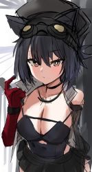 Rule 34 | 1girl, animal ears, arknights, bare shoulders, black hair, black headwear, black skirt, brown eyes, cat ears, commentary request, gloves, goggles, goggles on head, hand up, highres, horn/wood, pleated skirt, red gloves, rockrock (arknights), short hair, sketch, skirt, solo
