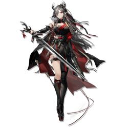 Rule 34 | 1girl, arknights, bare shoulders, belt, black belt, black dress, black gloves, dress, elbow gloves, full body, gloves, grey hair, hair over one eye, highres, holding, holding sword, holding weapon, horns, long hair, looking at viewer, official art, qiu bai (arknights), red eyes, solo, standing, sword, thigh strap, thighs, transparent background, very long hair, weapon, wenquangua