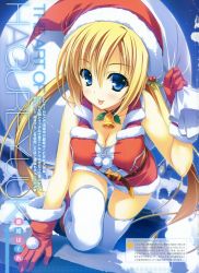 Rule 34 | 1girl, :p, bare shoulders, bell, belt, blonde hair, blue eyes, blush, boots, breasts, christmas, cleavage, collar, fur trim, gloves, hat, long hair, navel, neck bell, original, sack, santa boots, santa costume, santa hat, shirt, skindentation, skirt, solo, taut clothes, taut shirt, thighhighs, tongue, tongue out, twintails, white thighhighs, yuuki hagure, zettai ryouiki