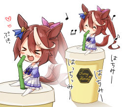 Rule 34 | &gt; &lt;, 1girl, animal ears, artist name, beamed sixteenth notes, blush, brown hair, chibi, closed eyes, drink, drinking straw, drinking straw in mouth, eighth note, hair between eyes, heart, highres, horse ears, horse girl, horse tail, long hair, multicolored hair, multiple views, musical note, nut megu, open mouth, pleated skirt, ponytail, puffy short sleeves, puffy sleeves, quarter note, school uniform, short sleeves, signature, simple background, skirt, smile, tail, thighhighs, tokai teio (umamusume), tracen school uniform, two-tone hair, umamusume, white background, white hair, white skirt, white thighhighs