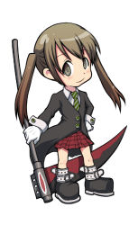 Rule 34 | 00s, 1girl, bad id, bad pixiv id, belt, boots, brown hair, chibi, coat, female focus, full body, gloves, grey eyes, hand on own hip, hip focus, long hair, luckybamboo, maka albarn, necktie, plaid, plaid skirt, school uniform, scythe, simple background, skirt, solo, soul eater, standing, trench coat, twintails, weapon, white background, white gloves