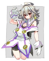 Rule 34 | 1boy, androgynous, arm up, blush, character request, closed mouth, cosplay, crescent, cropped legs, dress, earrings, fate/apocrypha, fate (series), flying sweatdrops, gloves, gloves folded up, gold earrings, grey hair, hair between eyes, haoro, highres, jewelry, male focus, medium hair, sieg (fate), solo, sweatdrop, white dress, white gloves, wing collar