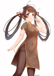Rule 34 | 1girl, ahoge, black dress, black pantyhose, brown hair, bun cover, china dress, chinese clothes, closed mouth, covered navel, double bun, dress, flying sweatdrops, green eyes, hair bun, hair ribbon, highres, index finger raised, koishi (kiwi0314), long hair, looking at viewer, medium dress, original, pantyhose, red ribbon, ribbon, short sleeves, side slit, simple background, smile, solo, standing, thighband pantyhose, twintails, twitter username, white background