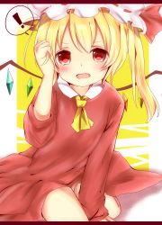 Rule 34 | !, 1girl, ascot, blonde hair, blush, dress, fang, flandre scarlet, hat, highres, letterboxed, misa (kaeruhitode), open mouth, red eyes, short hair, side ponytail, solo, spoken exclamation mark, touhou, wings