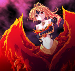 Rule 34 | 1girl, bare shoulders, blonde hair, blush, breasts, centauroid, claws, cleavage, cloud, collarbone, crossed arms, dragon, dragon devil queen dragoon, dragon girl, duel monster, elbow gloves, female focus, floating hair, from above, frown, gloves, horns, long hair, looking at viewer, midriff, navel, night, night sky, ponytail, queen dragoon, queen dragun djinn, red eyes, serious, shiny skin, sky, solo, spikes, takayuuki, taur, wings, yu-gi-oh!, yu-gi-oh! duel monsters
