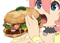 Rule 34 | 1girl, bacon, blue eyes, breasts, burger, choker, cleavage, close-up, commentary request, drill hair, eating, food, food focus, hair between eyes, huge breasts, long hair, magister, meat, mustard, open mouth, original, pickle, pink hair, sakuraba himari (magister), simple background, solo, sparkling eyes, tomato, twin drills, white background, wrist cuffs