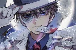 Rule 34 | 1boy, adjusting clothes, adjusting headwear, blue eyes, blue shirt, brown hair, calling card, card, collared shirt, commentary, dress shirt, formal, full moon, gloves, hair between eyes, hat, jacket, kaitou kid, looking at viewer, magic kaito, male focus, meitantei conan, monocle, monocle chain, moon, mouth hold, necktie, night, portrait, red necktie, shirt, short hair, simsim3481, sketch, smile, solo, suit, top hat, white gloves, white hat, white jacket, white suit
