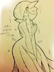 Rule 34 | 1girl, between legs, blush, chizi, collarbone, creatures (company), dated, fang, female focus, flat chest, game freak, gardevoir, gen 3 pokemon, hair over one eye, hand between legs, happy, heart, highres, japanese text, light blush, looking at viewer, nintendo, open mouth, own hands together, pokemon, pokemon (creature), short hair, simple background, sketch, smile, solo, sparkle, standing, traditional media, translation request, v arms