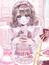 Rule 34 | 1girl, aegyo sal, blue eyes, blush, bow, brown hair, cellphone, closed mouth, collared shirt, cup, dress, drinking glass, elbow rest, elbows on table, food, fork, hair bow, hands up, highres, himeno-chan (min), holding, holding phone, indoors, long sleeves, looking at viewer, min (mts2314), original, own hands together, phone, pink bow, pink dress, pink lips, plate, pov across table, shirt, short hair, smartphone, smile, solo, spoon, table, tiered tray, upper body, white shirt