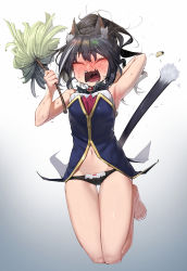 Rule 34 | 1girl, animal ears, arm up, armpits, bare legs, bare shoulders, barefoot, black hair, black panties, blush, breasts, cat ears, cat girl, cat tail, closed eyes, d:, duster, fangs, feather duster, feet, full-face blush, full body, full moon, gradient background, grey background, grey hair, highres, holding, karyl (princess connect!), long hair, maggot, medium breasts, moon, motion lines, multicolored hair, navel, open mouth, panties, ponytail, princess connect!, sd bigpie, sleeveless, solo, stomach, streaked hair, sweat, tail, thigh gap, underwear, uvula, v-shaped eyebrows