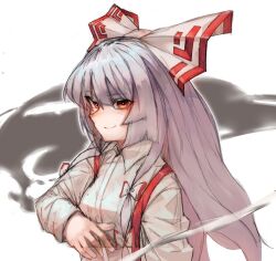 Rule 34 | 1girl, bow, cigarette, closed mouth, commentary, fujiwara no mokou, grey hair, hair bow, highres, holding, holding cigarette, long hair, looking at viewer, nio (meple nio), red eyes, sidelocks, smile, solo, suspenders, touhou, upper body, white background, white bow