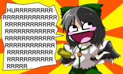 Rule 34 | 1girl, black hair, blush stickers, bow, cape, chibi, d-so, female focus, hair bow, open mouth, reiuji utsuho, ribbon, solo, third-party edit, touhou, translated, wings