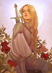 Rule 34 | 1girl, artist name, blonde hair, braid, closed mouth, flower, galadriel, grey background, hannahartwork, highres, long hair, long sleeves, looking to the side, pants, parted bangs, red flower, shoulder plates, solo, sword, the lord of the rings, tolkien&#039;s legendarium, tolkien's legendarium, weapon, weapon on back