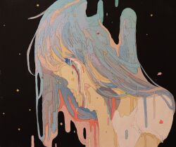 Rule 34 | 1girl, acrylic paint (medium), black background, blue eyes, blue hair, covering own mouth, dissolving, hand on own face, highres, original, painting (medium), red pupils, samehoshi, shirt, short sleeves, solo, star (symbol), starry background, surreal, traditional media, upper body, white shirt
