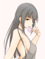 Rule 34 | 10s, 1girl, black hair, breasts, brown dress, condom, dress, ears visible through hair, from side, green eyes, holding, ken (kenta1922), kurosawa dia, long hair, looking at viewer, love live!, love live! sunshine!!, meme attire, mole, mole under mouth, pink background, sideboob, solo, virgin killer sweater, white background