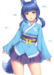 Rule 34 | 1girl, animal ear fluff, animal ears, animal print, blue hair, blue kimono, blunt bangs, commentary request, contrapposto, cowboy shot, fish print, fox ears, fox girl, fox tail, japanese clothes, kimono, long sleeves, low twintails, obi, open mouth, original, sasaame, sash, short kimono, sleeves past wrists, solo, standing, tail, twintails, yellow eyes