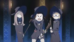 Rule 34 | 10s, animated, animated gif, blonde hair, brown hair, glasses, hair over eyes, hat, kagari atsuko, little witch academia, lotte jansson, lowres, screencap, sucy manbavaran, witch hat