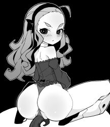 Rule 34 | 1girl, absurdres, ahoge, akableak, android, ass, bare shoulders, black background, black hairband, blush, full body, greyscale, hairband, highres, joints, long hair, looking at viewer, looking back, monochrome, original, panties, robot joints, sitting, solo, thick eyebrows, thong, underwear