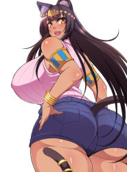 Rule 34 | 1girl, :d, animal ear fluff, animal ears, armlet, ass, back, bare arms, bare shoulders, bastet (nishida megane), blue shorts, blunt bangs, blush, body blush, breasts, cat ears, cat girl, cat tail, commentary request, covered erect nipples, dark-skinned female, dark skin, denim, denim shorts, egyptian, egyptian clothes, eyelashes, fangs, from behind, gold trim, head chain, hip focus, huge ass, huge breasts, jewelry, long hair, looking at viewer, micro shorts, nishida megane, open mouth, original, pink sweater, ribbed sweater, shiny skin, shirt tucked in, shorts, sleeveless, sleeveless sweater, slit pupils, smile, solo, straight hair, sweater, tail, tail ornament, tail ring, wide hips
