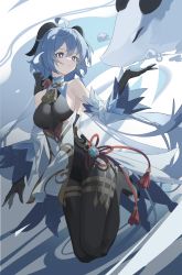 Rule 34 | 1girl, ahoge, bare shoulders, bell, black gloves, black leotard, blue hair, bodystocking, bodysuit, breasts, brown pantyhose, chinese knot, detached sleeves, floating, flower knot, full body, ganyu (genshin impact), genshin impact, gloves, gold trim, high heels, highres, horns, leotard, leotard under clothes, long hair, looking at another, medium breasts, neck bell, pantyhose, purple eyes, qilin (mythology), qtian, sideboob, sidelocks, tassel, thighlet, thighs, vision (genshin impact), white sleeves